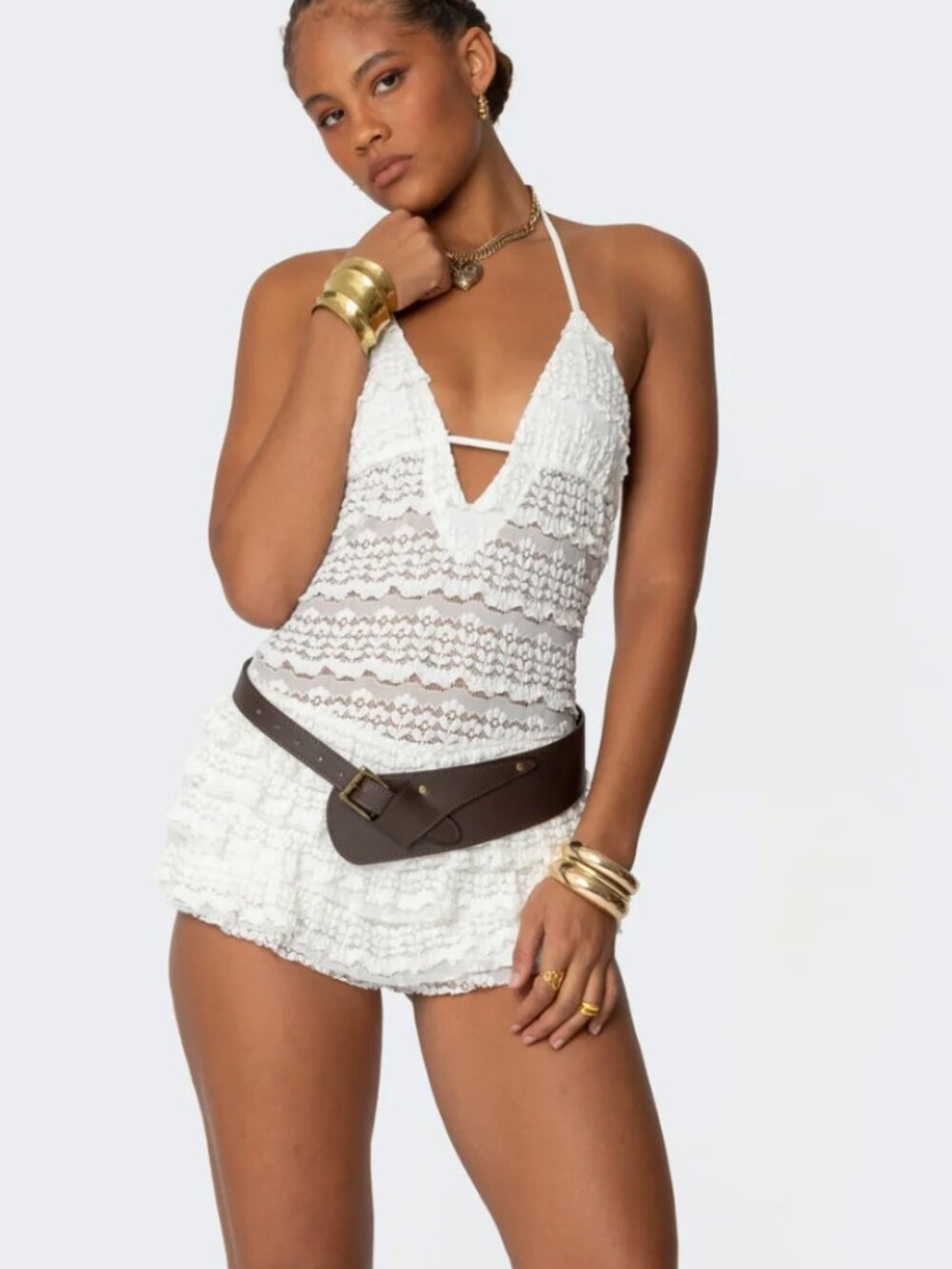 Edikted, Lanney Ruffled Sheer Lace Romper, Cream, M